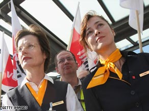Striking Lufthansa stewardesses demonstrating at Tegel Airport in Berlin.