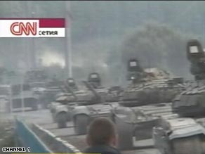 Russia's Channel 1 shows heavy tanks purported to be on their way to South Ossetia.