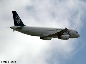 A New Zealand Airbus 320 flying into Auckland from France, from a  file picture taken in 2003.