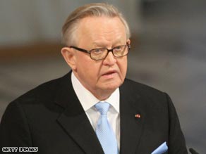 Former Finnish president Martii Ahtisaari was cited for his work in Namibia and Aceh, Indonesia.