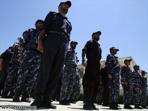 Palestinian Hamas security men stand to attention at a training academy in Gaza City last week.