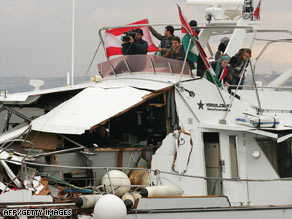 The Dignity arrives in Tyre, Lebanon, after it was reportedly rammed by an Israeli military vessel Tuesday.