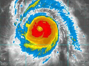 An infrared image from a NOAA satellite shows Ike swirling in the Atlantic on Wednesday night.