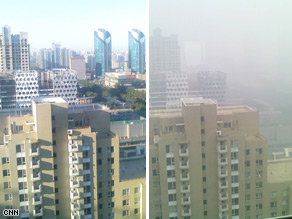 View from my living room shows what Beijing looks like on a clear day and then after the smog.