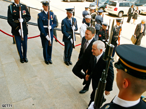 Australia Minister of Defense Joel Fitzgibbon and U.S. Defense Secretary Robert entering the Pentagon on July 16 to discuss a possible troop surge in Afghanistan