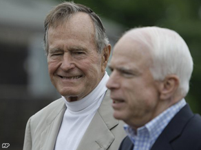 Sen. John McCain speaks during a news conference with former President George H.W. Bush in Kennebunkport, Maine, Monday.