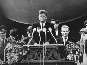 US President John F. Kennedy delivers his famous speech ''I am a Berliner'' (''ich bin ein Berliner'' ) in front of the city hall in West Berlin concerning the Berlin Wall, June 26, 1963.
