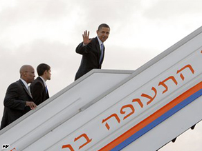 Senator Barack Obama, waves as he boards his campaign plane in Tel Aviv, Thursday. Obama is en route to Berlin, kicking off the European leg of his overseas trip.