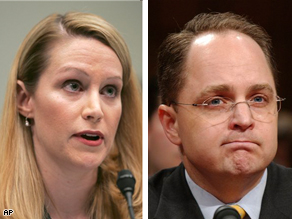 Former Justice Department White House liaison Monica Goodling and Kyle Sampson, former chief of staff to Attorney General Alberto Gonzales, testify on Capitol Hill, March 2007.