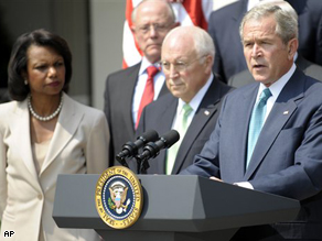 President Bush makes a statement in the Rose Garden of the White House, Wednesday. Accompanied by members of his Cabinet Secretary of State Condoleezza Rice, Veterans Affairs Secretary James Peake, and Vice President Dick Cheney.