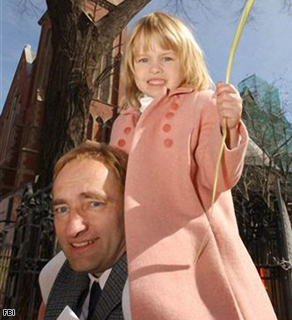In this undated photo provided by the FBI, Clark Rockefeller carries his daughter Reigh on his shoulders. Authorities say Rockefeller, who is going through a bitter divorce with his wife Sandra Boss, snatched 7-year-old Reigh in Boston on Sunday, July 27, 2008 and may be trying to flee on a yacht from Long Island