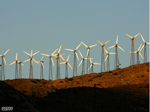 Giant wind turbines are powered by strong prevailing winds near Palm Springs, California.