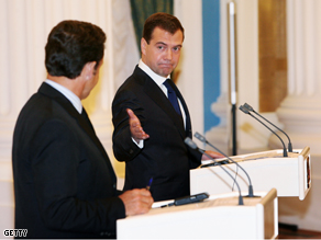 President Nicolas Sarkozy of France and President Dmitry Medvedev of Russia hold a joint press conference Tuesday, in Moscow, Russia.