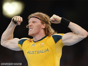 Australia's Steve Hooker celebrates after winning the men's pole vault in Beijing.