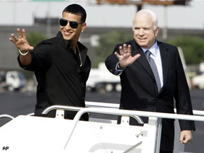  Sen. John McCain and Puerto Rican reggaeton star Daddy Yankee waves as they board the Straight Talk Air campaign charter airplane in Phoenix, Ariz., Monday.