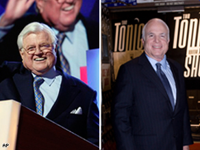 Sen. Edward M. Kennedy at the Democratic National Convention in Denver, Monday. Sen. John McCain before his appearance on The Tonight Show with Jay Leno, Monday.