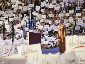 Delegates hold up signs in support of Sen. Hillary Rodham Clinton, at the Democratic National Convention in Denver, Tuesday.