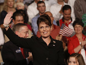 Alaska Gov. Sarah Palin, waves to supporters as she is introduced as the Republican Vice Presidential candidate by Sen. John McCain in Dayton, Ohio.
