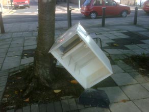 A battered fridge rests against a tree