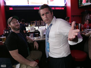 The Daily Show's Jason Jones and his producer, Miles, spent some time relaxing at the CNN Grill Monday night in St. Paul.