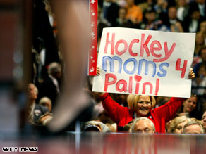 A Republican delegate holds up a 'Hockey Moms 4 Palin' sign during Gov. Sarah Palin's speech Wednesday.