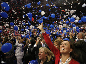 Delegates look up as the balloons fall after Republican presidential nominee John McCain concluded his speech at the Republican National Convention in St. Paul, Minnesota, Thursday.