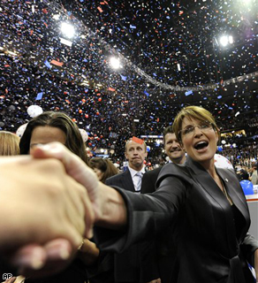 Republican vice presidential candidate Sarah Palin shakes hands in the crowd after Republican presidential candidate John McCain's acceptance speech during the Republican National Convention in St. Paul, Minnesota, Thursday.