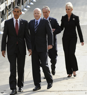 Presidential candidates Sen. Barack Obama and Sen. John McCain are followed by New York Mayor Michael Bloomberg and Cindy McCain as they descend the ramp into ground zero