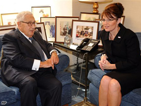 Republican vice presidential candidate Sarah Palin meets former U.S. Secretary of State Henry Kissinger in New York City, Tuesday.