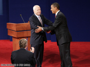John McCain and Barack Obama greet each other at Friday's U.S. presidential debate.