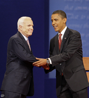 Republican presidential candidate John McCain shakes hands with Democratic presidential candidate Barack Obama at the Presidential Debate on Friday.