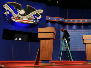 Workers prepare for Thursday's vice presidential debate at Washington University in St. Louis. 