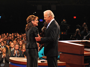 Gov. Sarah Palin and Sen. Joe Biden greet each other before the start of their vice presidential debate Thursday. 