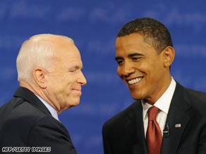 John McCain and Barack Obama, pictured at their debate in Mississippi last month.