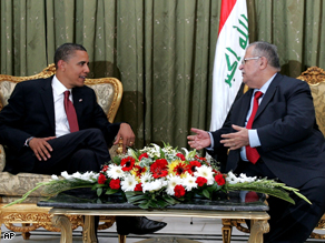 Presidential candidate Barack Obama talks to the Iraqi President Jalal Talabani in Baghdad, Iraq, July 2008.
