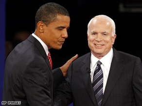 Senators Barack Obama and John McCain shake hands at the start of the third presidential debate.