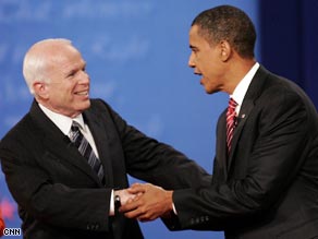John McCain, left, warmed up after a nervous start in Wednesday's debate with Barack Obama.