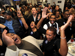 Barack Obama supporters celebrate at Hyde Park Hair Salon where President-elect Barack Obama gets his hair cut on the south side of Chicago