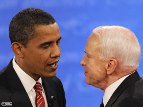Barack Obama and John McCain at the end of their final presidential debate.