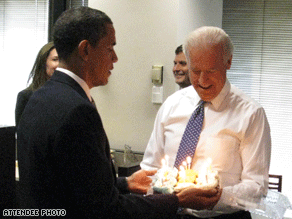 Barack Obama gives Joe Biden cupcakes the day before the Vice President-elect’s 66th birthday.