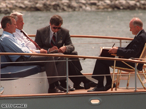 Brent Scowcroft, right, with former President George H.W. Bush, former Russian President Boris Yeltsin, and an interpreter in 1992.