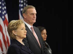 Barack Obama nominates Senator Hillary Clinton as US Secretary of State during a press conference on Monday. National security adviser nominee James Jones and  United Nations ambassador nominee Susan Rice look on.