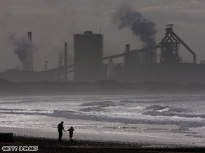 The Corus steelworks overshadows the beach in Teeside, northern England.