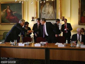 British Prime Minister Gordon Brown meets international bank chiefs.