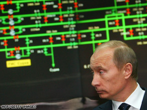 Russian Prime Minister Vladimir Putin visits the central control room at the Gazprom HQ, Moscow, January.
