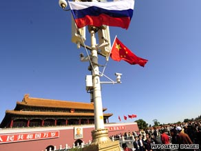 Russian and Chinese flags flying at Tiananmen Gate in honor of Vladimir Putin's visit to Beijing.