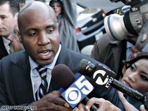 Bonds arrives for a court hearing in San Francisco -- the city where he made his name as a sporting hero.