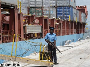 A Kenyan police officer guards the U.S.-flagged Maersk Alabama at a Mombasa port Sunday.