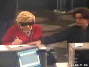 Surveillance video shows Thomas Parkin, left, dressed as his mother at a DMV office on April 29, authorities say.