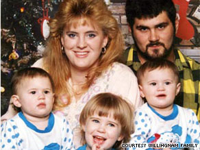 A family photo shows Cameron Todd Willingham with his wife, Stacy, and daughters Kameron, Amber and Karmon.